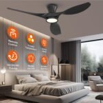 52 Inch Ceiling Fan with Led Light Remote Control Flush Mount Low Profile for Bedroom Farmhouse Patio Outdoor Living Room Kitchen Dining Room,DC Motor,Reversible,Black - Image 2