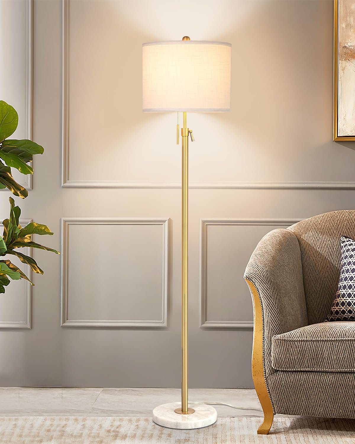 71t9u-9FLBL._AC_SL1500_.jpg Modern Floor Lamp for Living Room, Adjustable Height Standing Lamp with Marble Base, 3-Way Dimmable Gold Brass Tall Pole Light with White Linen Shade for Reading, Bedroom, Chain Switch, Bulb Included - Image 1