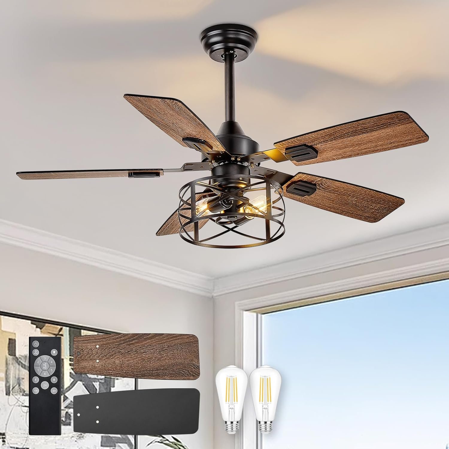 71vEh304YVL._AC_SL1500_.jpg Caged Ceiling Fans with Lights: 42-Inch Farmhouse Ceiling Fans - Dual Finish Black & Walnut Industrial Ceiling Fan with Remote Control for Living Room Outdoor Patio Porch (Bulb Included) - Image 1
