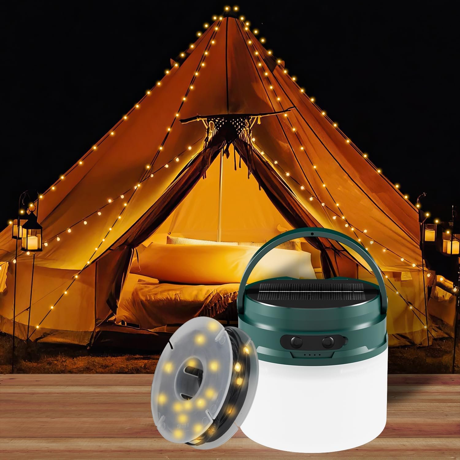 71wcbJ-FaFL._AC_SL1500_.jpg Outdoor String Lights, 33FT Rechargeable Waterproof Hanging Lights, Solar or USB Rechargeable, for Camping, Garden, Party & Holiday Decoration (Green) - Image 1