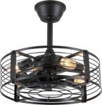 Caged Ceiling Fan with Light, 18 Inch Black Fandelier Ceiling Fans for Kitchen Bedroom Outdoor, Remote Control, Reversible