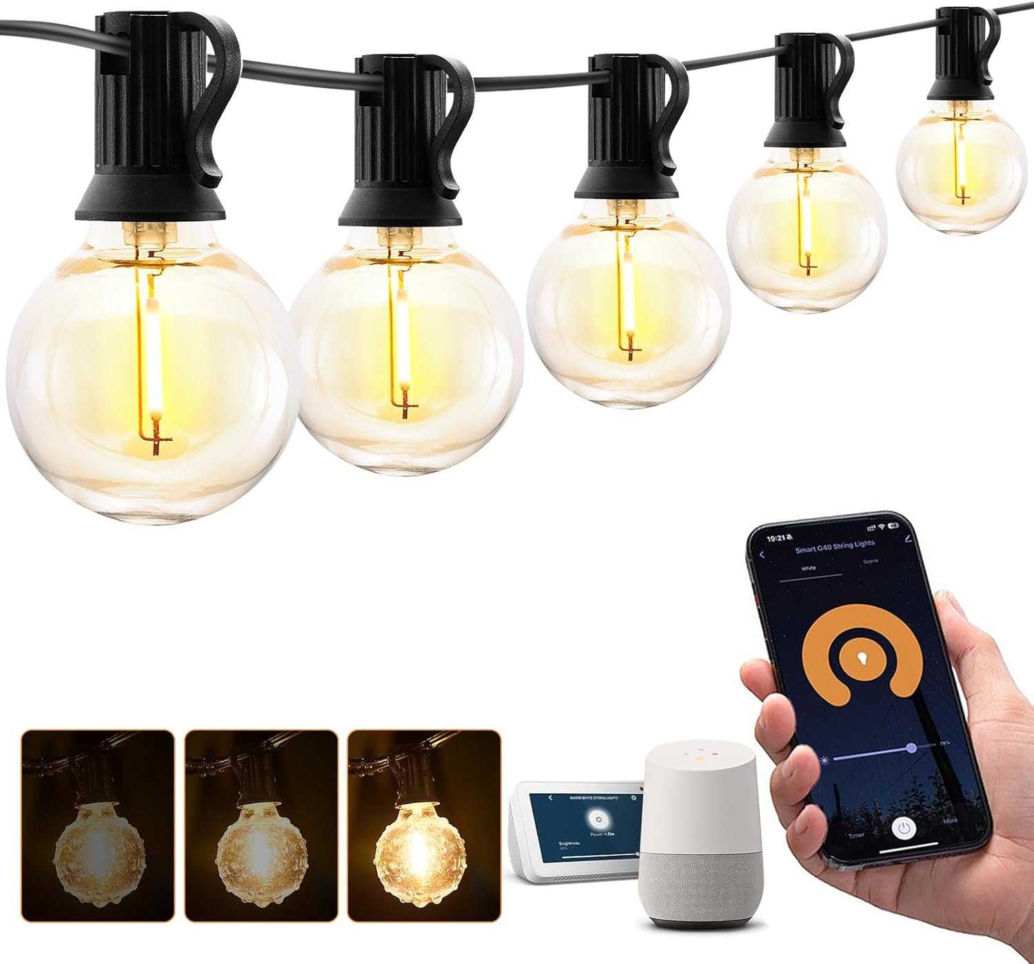 71zVbdkOJNL._AC_SL1500_.jpg Outdoor String Lights, Smart Patio Lights 100Ft Dimmable Outdoor Lights Warm White, 50 G40 LED Bulbs, WiFi String Lights for Outside, Work with Alexa, APP Control, Waterproof Extendable - Image 1