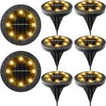 Solar Powered 8 Pack Outdoor LED Disk Lights -  Waterproof, Non-Slip, Wear-Resistant Pathway Lights (Warm White)