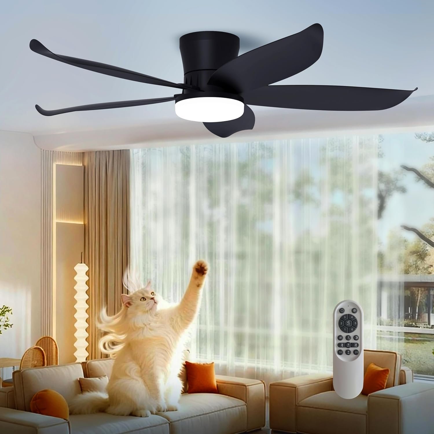 81BZ3IN8IUL._AC_SL1500_.jpg 42 Inch Black Flush Mount Ceiling Fan with Light and Remote, Low Profile Modern Ceiling Fan, 6 Speed, Reversible, 3000k-6500k Dimmable LED, Quiet DC Motor for Indoor Outdoor - Image 1