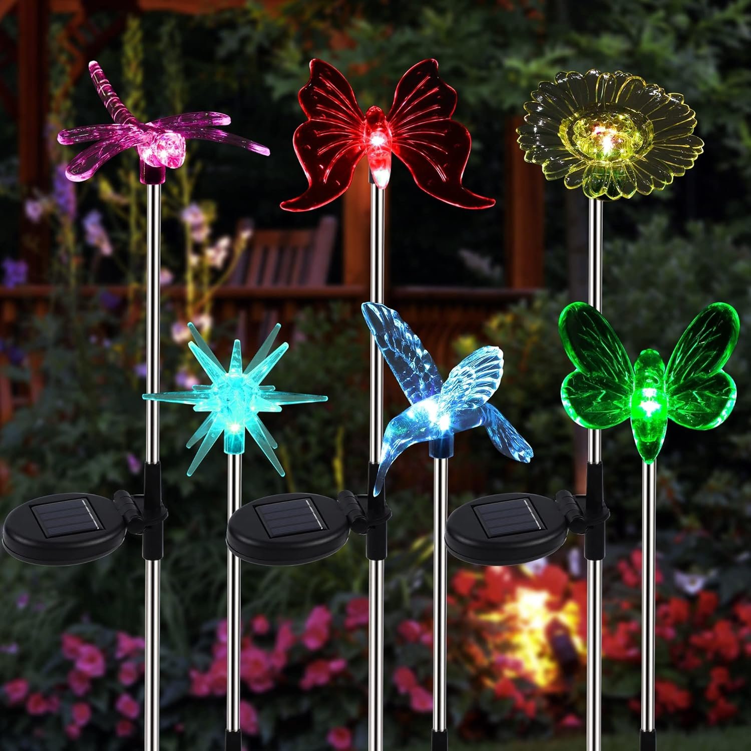81EgmqJhbSL._AC_SL1500_.jpg 6 Pack Solar Garden Stake Lights Outdoor, Solar Butterfly Figurine Lights, Multi-Color Changing LED Landscape Lighting, Sparkling Star Flower Hummingbird Dragonfly Bee for Patio Yard Pathway - Image 1