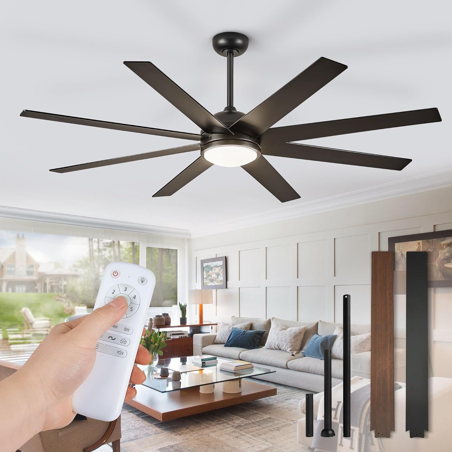 81HaQ59QzbL._AC_SL1500_.jpg Ceiling Fans with Lights, 72 inch Large Ceiling Fan with Light and Remote, Outdoor Black Ceiling Fan for Living Room Patio, 6 Speeds, Reversible Quiet DC Motor, 3 CCT, Bi-color 8 Blades - Image 1