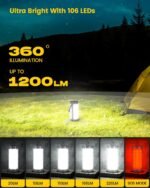 Survival Camping Lantern, 106 with 5 Brightness, Up to 1200LM, 3 Modes & SOS, Rechargeable for 80hrs, IP68 Waterproof, Small & Light, Emergency Light for Blackout, Hurricane, Hiking - Image 2