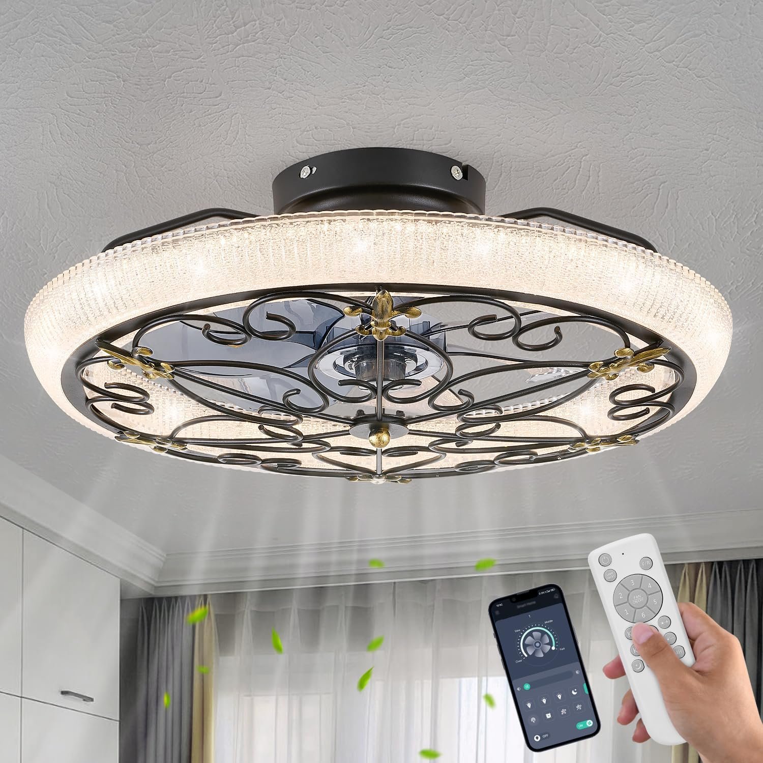 81jA3L4OynL._AC_SL1500_.jpg Black Caged Ceiling Fan with Lights Remote Control, 6 Speeds Rustic Industrial Ceiling Fan Light with Crystal Sand Lampshade for Kitchen Bedroom Living Room - Image 1