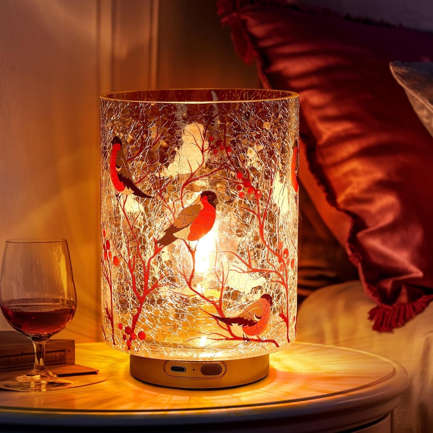 81kvWbwMWnL._AC_SL1500_.jpg Rechargeable Battery Table Lamp Timer, Handmade Crackle Glass Lamps with Two-Level Dimmer, Emergency Cordless Lamp for Area No Plug, Mood Light for Entryway/Corner/Bedroom/Bathroom(Red) - Image 1