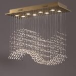 Modern Crystal Chandelier Gold Rectangular Wave Raindrop Chandelier 8 Lights Rectangle Flush Mount Ceiling Light Pendant Light Fixture for Dining Room Living Room Kitchen Island L31.5''