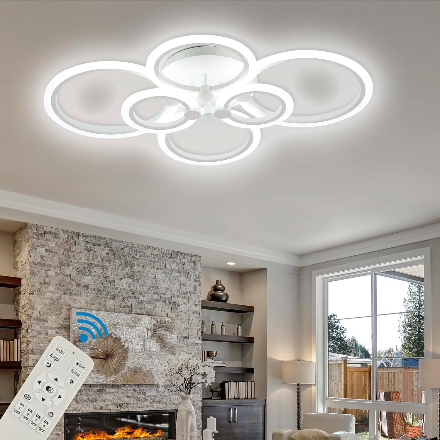 81oyyREc1ZL._AC_SL1500_.jpg Modern Ceiling Lights- Dimmable LED Ceiling Lamps 31.4" Flush Mount LED Chandelier Lighting Fixture White 6 Rings Light for Living Kitchen Dining Room, Bedroom 3000/4000/6500K with Remote - Image 1