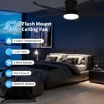 42 Inch Black Flush Mount Ceiling Fan with Light and Remote, Low Profile Modern Ceiling Fan, 6 Speed, Reversible, 3000k-6500k Dimmable LED, Quiet DC Motor for Indoor Outdoor - Image 2