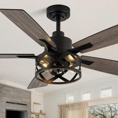 52 Inch Farmhouse Ceiling Fans with Lights and Remote Quiet and Reversible DC Motor Black Industrial Rustic Caged Ceiling Fan for Bedroom Living Room Covered Patio